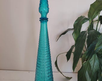 Vintage Italian Genie Bottle/ Aztec Pattern, Empoli Glass Decanter Vase in Blue