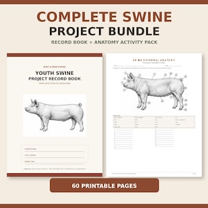 May include: A complete swine project bundle featuring a youth swine project record book and an anatomy activity pack with 60 printable pages. The cover displays a pig illustration, while the activity sheet shows a labeled pig anatomy diagram.