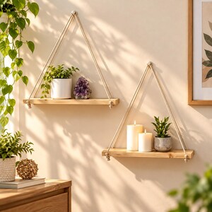 May include: Two rectangular light-toned wooden shelves suspended by thick off-white rope in a triangular configuration. The top shelf holds a white pot with a green plant and a purple crystal. The bottom shelf holds two white candles and a small green plant.