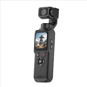 May include: A black handheld gimbal camera featuring a top-mounted rotating lens, a vertical rectangular display screen showing a mountain biker, and a control panel with M, OK, and directional buttons, plus a power and record button on the side.