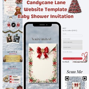 May include: A digital Candycane Lane website template for a baby shower invitation featuring a smartphone displaying an envelope with a red bow, a QR code, and various holiday-themed graphics including a Christmas tree and teddy bear.