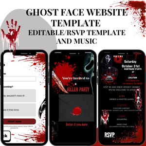 May include: A digital invitation template featuring a Ghost Face theme with blood splatter graphics. The design includes text such as GHOST FACE WEBSITE TEMPLATE, You're invited to a KILLER PARTY, and event details for October 31st at 7pm.