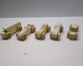 Unpainted Wooden Toy Cars, Set of 5