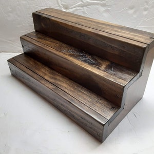 16 Inch Pine Wood Three Tier Spice Rack | Freestanding Spice Shelf | Countertop Spice Organizer | Dark Walnut Stain | Handcrafted in the USA