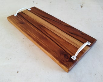 Teak Wood Charcuterie Board with White Handles | Solid Wood Cheese Board Butter Board | Decorative Cutting Board | Handcrafted in the USA