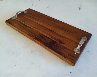 Teak Wood Charcuterie Board with Satin Nickel Handles | Solid Wood Cheese Board Butter Board | Decorative Cutting Board