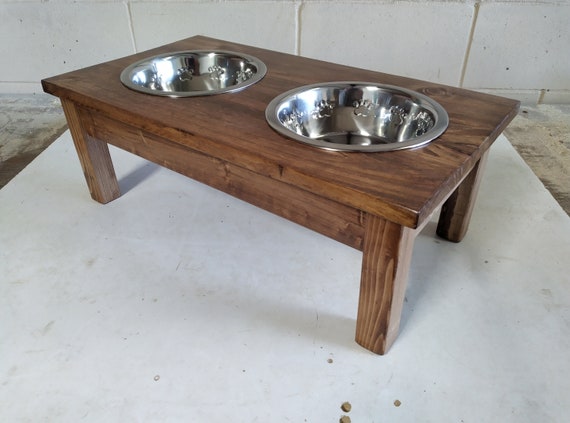 Raised Dog Bowl Stand With Two Bowls in Walnut Finish, Wooden