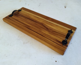 Teak Wood Charcuterie Board with Hammered Black Handles | Solid Wood Cheese Board Butter Board | Decorative Cutting Board