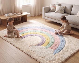 May include: A rectangular, cream-colored area rug featuring a large, plush rainbow design in pastel shades of purple, yellow, green, pink, and blue. The rug has a soft, textured pile and includes a white cloud shape at the base of the rainbow.