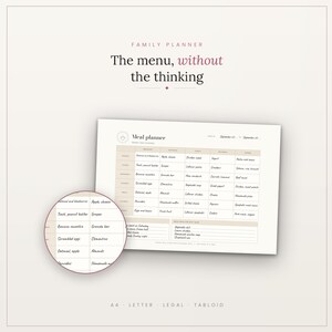 Peut inclure: Une feuille de planification de repas familiale blanche avec une grille pour le suivi des menus hebdomadaires. L'en-tête indique Family Planner et The menu, without the thinking. Inclut un détail circulaire agrandi et les formats A4, Letter, Legal, Tabloid.