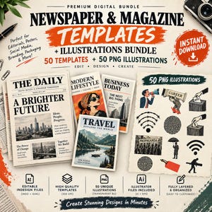 May include: A digital bundle of newspaper and magazine templates featuring the text Newspaper & Magazine Templates, 50 Templates + 50 PNG Illustrations, and various mockups of publications titled The Daily, Modern Lifestyle, and Travel.