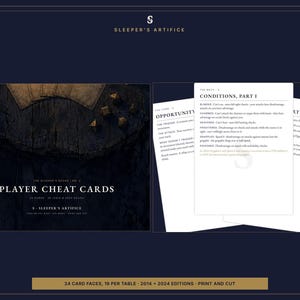 May include: A set of Sleeper's Artifice player cheat cards featuring a dark, textured background with dice and a wooden table graphic on the left, and white cards displaying game conditions and rules text on the right, totaling 24 card faces.