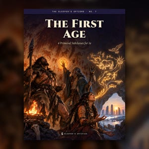 Könnte beinhalten: Ein digitales Buchcover mit dem Titel The First Age, 4 Primeval Subclasses for 5e, das eine Fantasy-Illustration von drei Figuren in einer Höhle mit leuchtenden prähistorischen Wandmalereien, einem Feuer und einer Landschaft mit Monolithen zeigt.