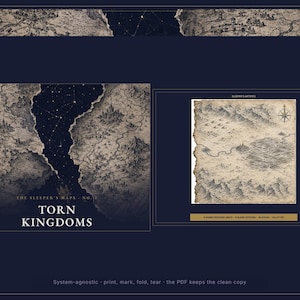 May include: A digital fantasy map collection titled The Sleeper's Maps No. 1 Torn Kingdoms. The artwork features detailed black and white cartography with jagged edges, mountain ranges, and a central dark void filled with white star constellations.