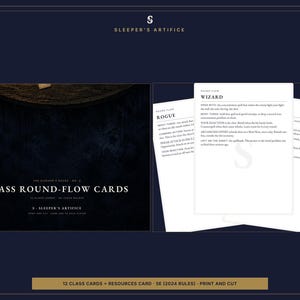May include: A set of Class Round-Flow Cards by Sleeper's Artifice featuring white rectangular cards with black text detailing game mechanics for Wizard and Rogue classes. The cards are displayed against a dark blue background with white text.