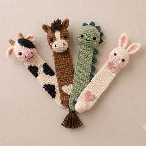 Häkelanleitungspaket mit Tier-Lesezeichen, Kuh, Pferd, Dinosaurier, Hase (Amigurumi) (PDF)