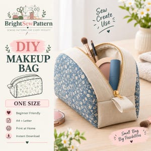 Könnte beinhalten: Eine blaue Kosmetiktasche mit weißem Blumenmuster, beigen Seitenteilen und einem goldenen Reißverschluss. Die Tasche ist geöffnet und enthält Make-up-Pinsel sowie einen Puder. Text auf dem Bild: BrightSewPattern, DIY MAKEUP BAG.