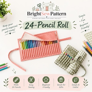 Può includere: Un cartamodello per un astuccio arrotolabile da 24 matite di BrightSewPattern. L'immagine mostra un astuccio in tessuto color corallo a pois bianchi aperto con matite colorate e un astuccio in tessuto a quadretti verdi arrotolato con un nastro.