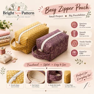 May include: Two boxy zipper pouches, one mustard yellow with a white floral pattern and one plum purple with a white botanical print. Each features a white zipper, a side handle, and a rectangular shape. Text includes Bright Sew Pattern.