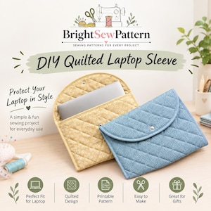 Könnte beinhalten: Zwei gesteppte Laptophüllen, eine gelbe mit weißem Blumenmuster und eine einfarbig blaue, beide mit abgerundeter Klappe und Metalldruckknopfverschluss. Der Text lautet BrightSewPattern DIY Quilted Laptop Sleeve.
