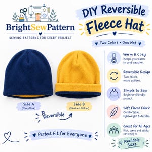 May include: A DIY reversible fleece hat sewing pattern by BrightSewPattern. The image displays two hats, one navy blue and one mustard yellow, demonstrating the reversible design. Text includes DIY Reversible Fleece Hat, Two Colors One Hat, Side A Navy Blue, Side B Mustard Yellow, and features like Warm & Cozy, Reversible Design, Simple to Sew, Soft Fleece Fabric, and Great for All Ages.