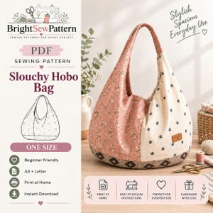 Pode incluir: Um molde de costura em PDF para uma bolsa hobo desleixada da BrightSewPattern. A bolsa apresenta um design de blocos de cores com uma seção floral rosa, uma seção creme com estrelas escuras e uma base estampada. Inclui ícones de impressão.
