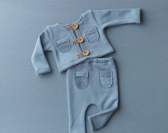 Handgemaakte fotooutfit voor pasgeboren jongens – blauwe gebreide set, fotografieaccessoire