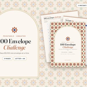 Peut inclure: Un ensemble de suivi d'épargne imprimable 100 Envelope Challenge comprenant trois pages aux formats Letter et A4. Le design présente un fond crème avec un motif d'étoiles géométriques, un cadre en arche et le texte 100 Envelope Challenge.