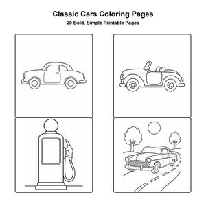 以下が含まれることがあります： Classic Cars Coloring Pages 20 Bold, Simple Printable Pages. 2つのクラシックカー、ガソリンスタンドの給油機、木々と太陽を背景に道路を走る車の4つの白黒線画イラスト。塗り絵用のシンプルなデザイン。