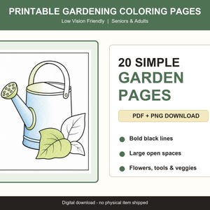 Op de afbeelding: Printbare kleurplaten over tuinieren met 20 eenvoudige pagina's met dikke zwarte lijnen en grote open ruimtes. De afbeelding toont een lichtblauwe gieter met groene bladeren en de tekst 20 SIMPLE GARDEN PAGES en PDF + PNG DOWNLOAD.