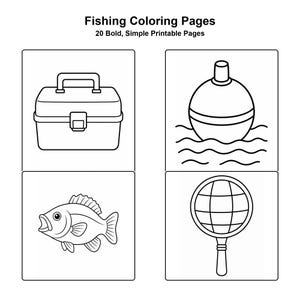 Puede incluir: Fishing Coloring Pages 20 Bold, Simple Printable Pages. Una hoja de colorear en blanco y negro con cuatro cuadrados que contienen una caja de pesca, un flotador sobre agua ondulada, un pez y una red de pesca con mango para colorear.