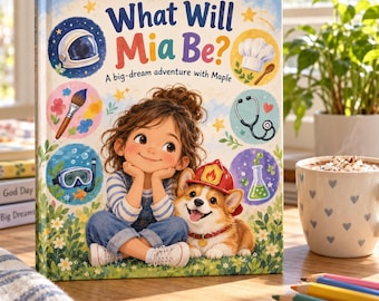 Può includere: Un libro per bambini con copertina rigida intitolato What Will Mia Be? A big-dream adventure with Maple. La copertina presenta l'illustrazione di una bambina e di un corgi con un elmetto da pompiere, circondati da icone circolari di un casco spaziale, un cappello da chef, un pennello, uno stetoscopio, un boccaglio e un becher.