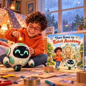 May include: A round white and teal robot toy with a glowing screen face featuring a smiling expression, positioned next to a children's book titled Theo Goes to Robot Academy, which displays an illustration of a child and a similar robot.