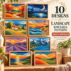 May include: A collection of 10 landscape Kinusaiga patterns featuring colorful fabric-style art scenes including mountains, a lighthouse, lavender fields, and rolling hills. The text reads 10 DESIGNS LANDSCAPE KINUSAIGA PATTERNS DIGITAL DOWNLOAD.