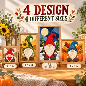 May include: Four framed fabric gnome wall art pieces in different sizes: 3x3 in, 5x7 in, A4 (8.3x11.7 in), and 8x8 in. Each features a gnome with a unique seasonal theme, including a heart, sunflower, winter landscape, and pumpkins.
