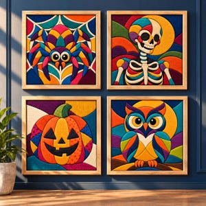 May include: A set of four square framed wall art pieces featuring vibrant, multi-coloured stained glass style illustrations of a spider, a skeleton, a jack-o'-lantern, and an owl, each set against a bold, geometric, and colourful background.