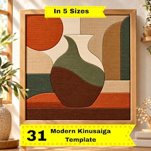 May include: A square framed wall art piece featuring a fabric-textured Kinusaiga template with a central vase motif. The design uses geometric shapes in shades of burnt orange, olive green, cream, and brown. Text reads In 5 Sizes and 31 Modern Kinusaiga Template.