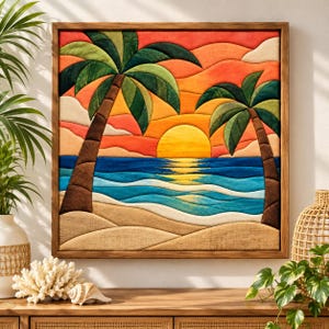 May include: A square wall art piece featuring a fabric-textured sunset scene with two palm trees, a bright yellow sun, blue ocean waves, and tan sand dunes, all enclosed within a simple brown wooden frame.