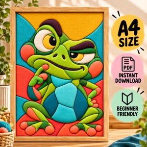 May include: A framed digital art print featuring a stylized green frog with large yellow eyes, a blue belly, and orange accents. The image includes text labels: A4 SIZE, PDF INSTANT DOWNLOAD, and BEGINNER FRIENDLY.