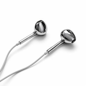 May include: A pair of wired earbuds with a polished chrome finish and a reflective metallic surface. Each earbud features a rounded speaker housing and a slender stem connected to a thin, light gray cable extending from the bottom of the unit.