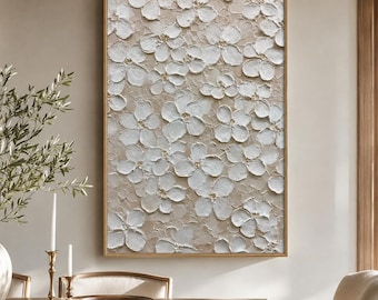 White Floral Wall Art, 3D Textured Flower Painting, Neutral Impasto Canvas Art, White Botanical Wall Decor, Minimalist Floral Art