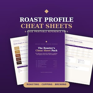 May include: A six-page printable roast profile cheat sheet pack featuring a deep purple cover with white text reading The Roaster's Cheat Sheet Pack. Two additional reference pages are visible, displaying roast stages, visual cues, and a brew ratio guide.