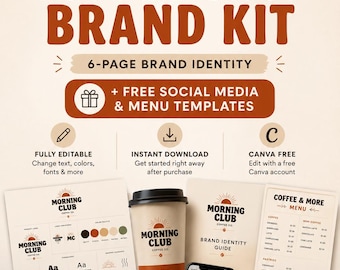 Kit de identidad corporativa para cafetería (plantilla Canva editable) / Logotipo, panel de marca, redes sociales y menú