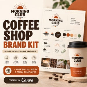 Peut inclure: Un kit de marque Morning Club Coffee Co. comprenant un modèle Canva modifiable de six pages, des variantes de logo, une palette de couleurs, une typographie et des éléments graphiques. Un gobelet en papier avec le logo et le texte est présent.