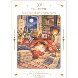 以下が含まれることがあります： XV THE DEVILと題された長方形のタロットカード。赤い花柄の毛布の下で眠る猫のイラストが描かれています。テキストには「Notice what quietly holds you back」、「Cozy Things Keep Me Here」、「Good Things Take Time」、本のタイトル「More Snacks」、「Another Episode」、「Just a Little More」、「Cozy Forever」が含まれています。