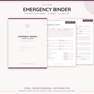 Emergency Binder Printable Fillable PDF | End of Life Planner, Plum Purple Binder, Just In Case Organizer, Important Documents Binder