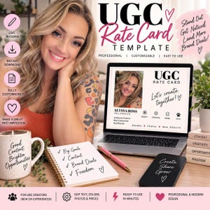 May include: A digital UGC rate card template displayed on a laptop screen, featuring a notebook with a checklist, a pink pen, a smartphone, and a speckled mug with text. The screen shows a professional profile for a creator with text and icons.