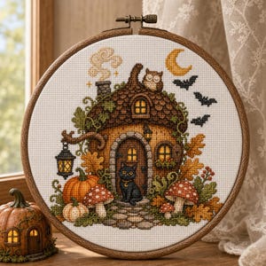 Könnte beinhalten: Ein runder Holzstickrahmen mit einem Kreuzstichmuster eines eichelförmigen Hauses. Das Design zeigt eine schwarze Katze, Kürbisse, Pilze, eine Eule, eine Mondsichel und Fledermäuse auf einem weißen Stoffhintergrund mit herbstlichem Laub.