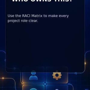 May include: A dark blue digital graphic with the text PROJECTOS DAY 20 STOP ASKING WHO OWNS THIS? Use the RACI Matrix to make every project role clear. Below the text are four square icons featuring a person, a gear, a checkmark, and a group.
