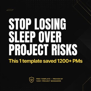 Può includere: Una grafica digitale nera con accenti dorati che presenta il testo PROJECTOS, STOP LOSING SLEEP OVER PROJECT RISKS, This 1 template saved 1200+ PMs, FREE TEMPLATE PROVEN BY 1200+ PROJECT MANAGERS e Swipe to get the template in basso.